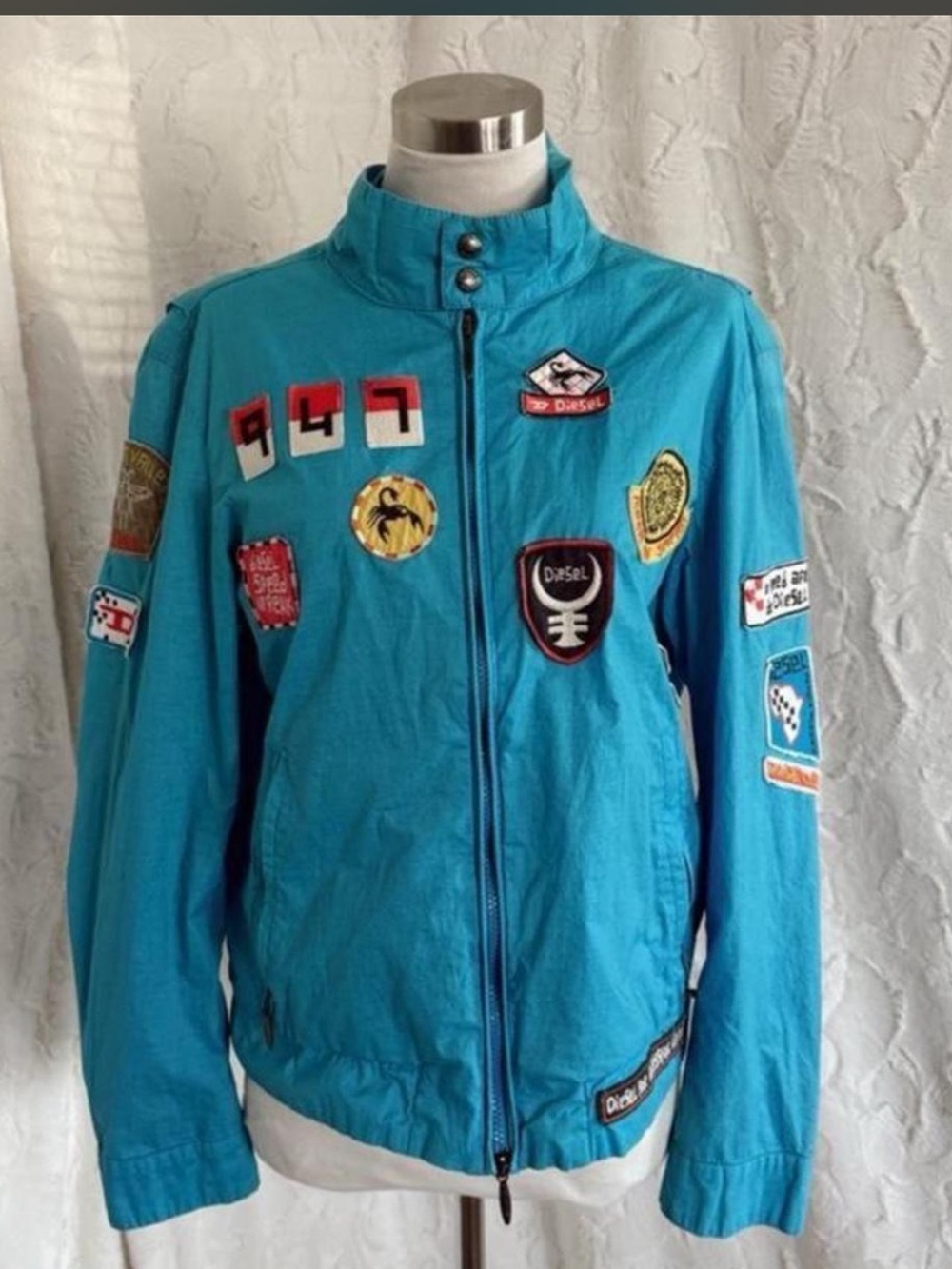 Diesel Turquoise Patchwork Logo Funnel Neck Badge Lightweight Jacket